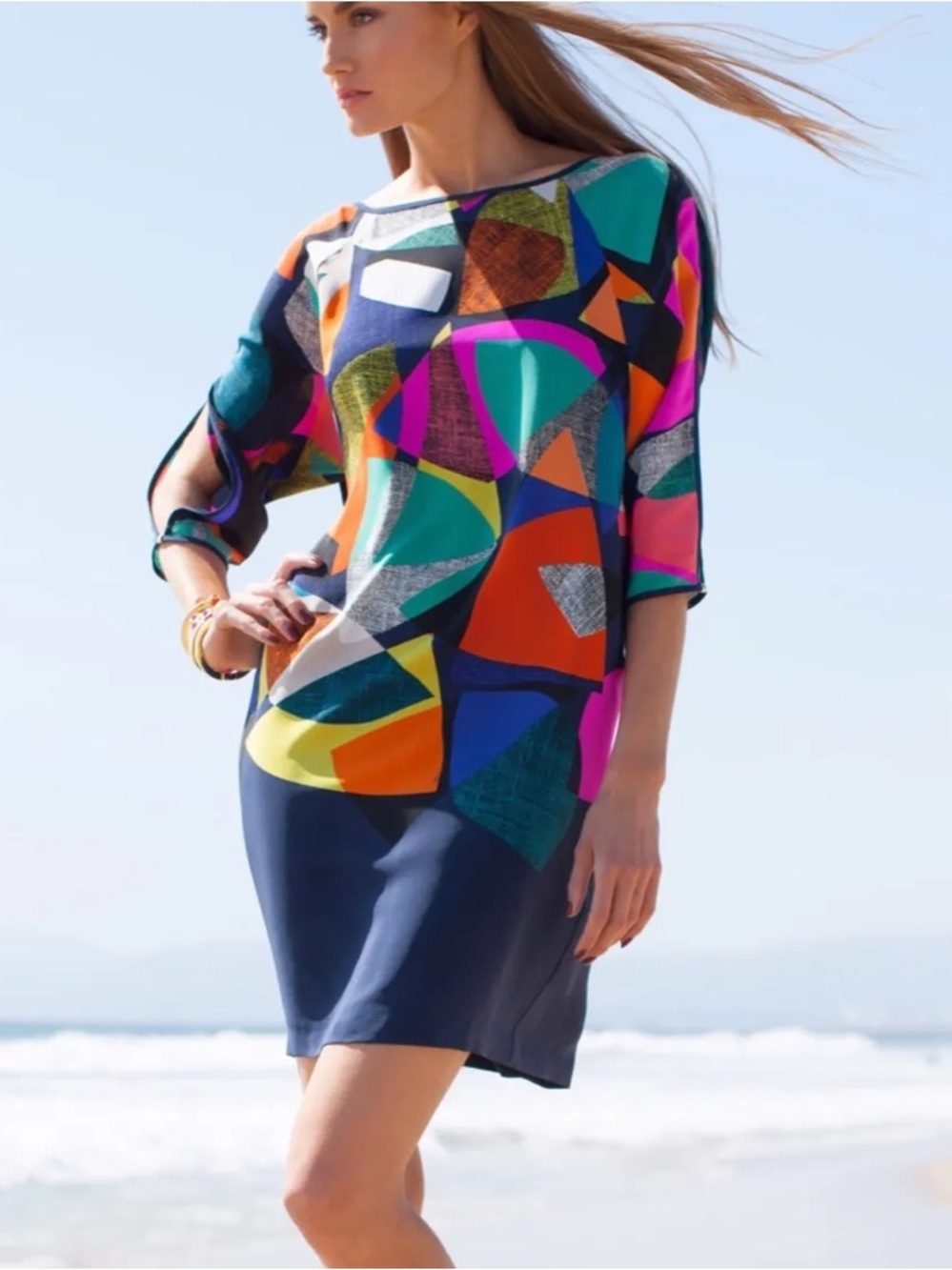 Trina Turk Size 2 Blue Orange Pink Green Black Mod Geometric Silk Shift Dress
